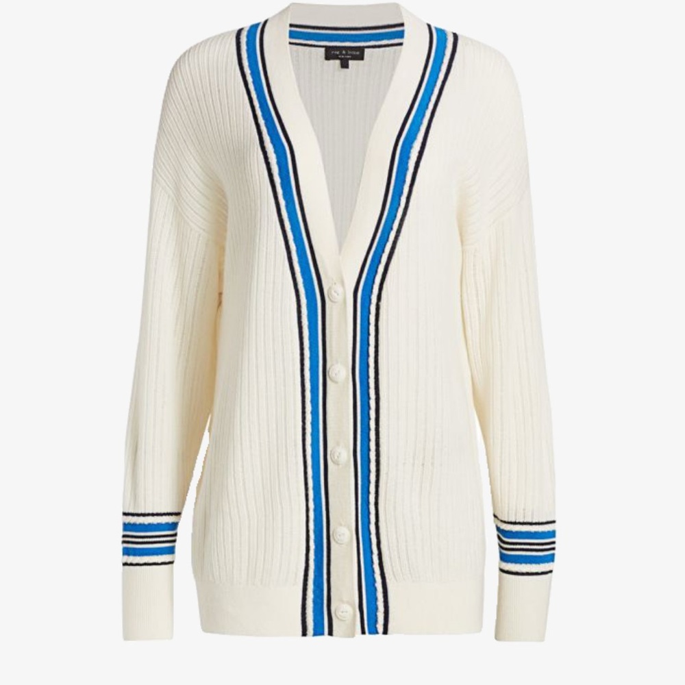 Rag & Bone Dianna Wool- Blend Cardigan White and Blue Sz L